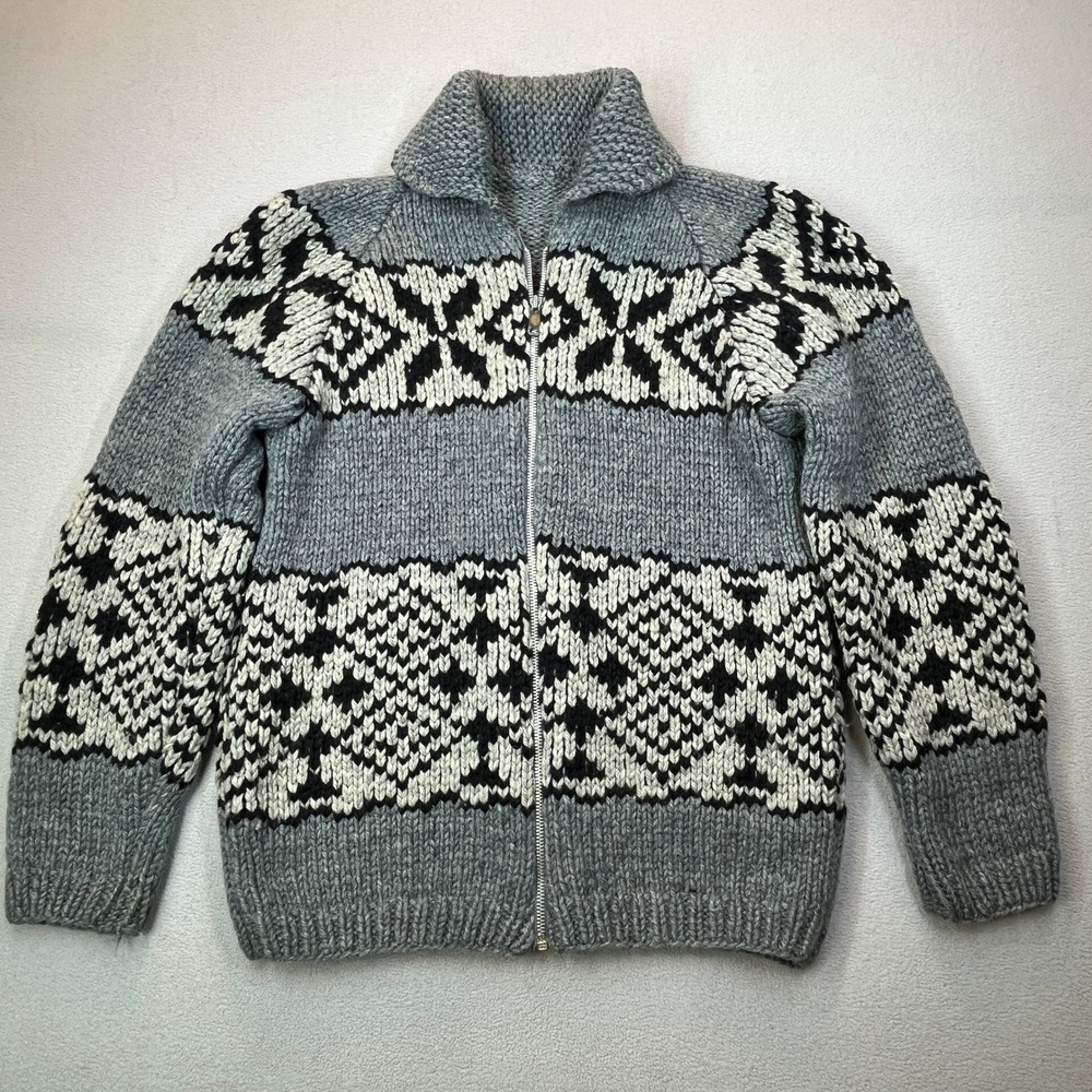 Vintage Handmade Nordic Fair Isle Wool Sweater Unisex M Full Zip Cowichan Style